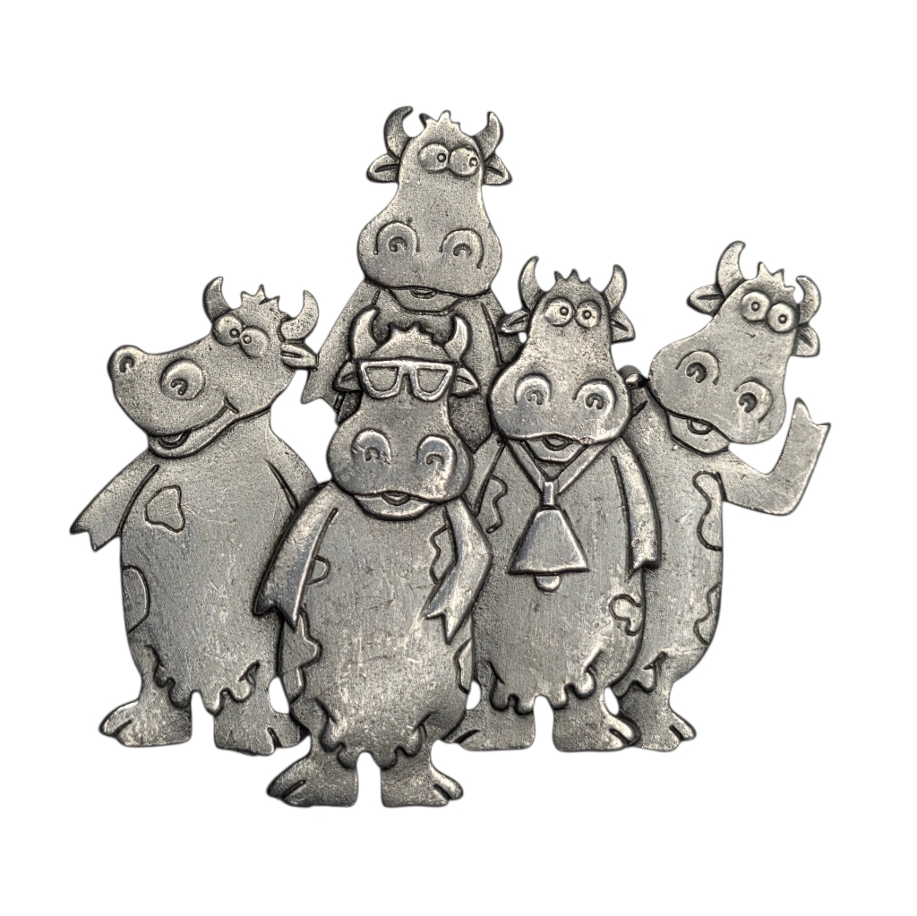 Vintage 80s Stamped Jonette Jewelry Silly Cow Herd Pewter Silver Brooch Pin 25$